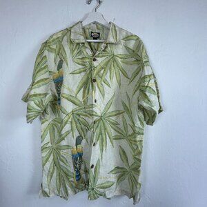 Tommy Bahama Mens Parrot & Palm Leaf Linen Hawaiian Shirt Medium Short Sleeve